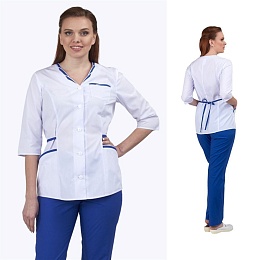Костюм женский медицинский ОЛЬГА белый/василек (куртка+брюки) купить в Красноярске по низкой цене Костюм женский медицинский ОЛЬГА белый/василек (куртка+брюки) купить в Красноярске по низкой цене